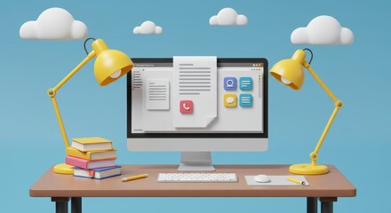 Fototapete - 3D illustration of a desktop computer displaying a document being edited with text and icons