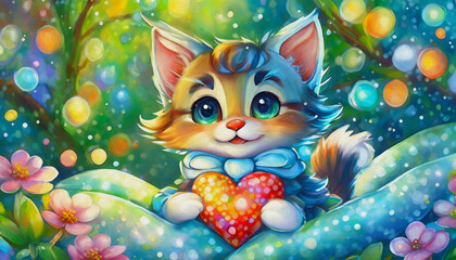 Poster - oil painting style Cartoon character illustration  Kitten on a blanket with a soft heart.