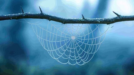 A delicate spider web covered in dew drops, stretched between tree branches in a misty forest