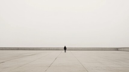 Wall Mural - solitary figure walking on a vast, empty concrete expanse under a hazy sky.