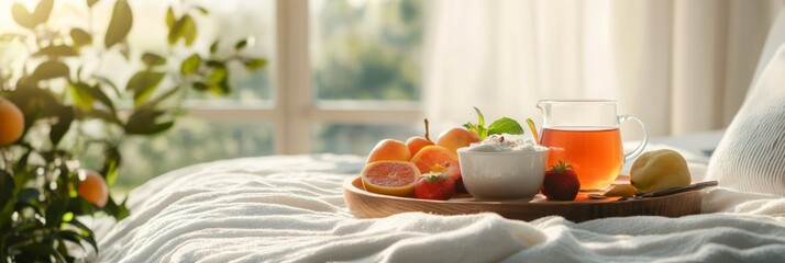 Poster - Tray filled with fresh fruit, yogurt, and tea resting on a cozy bed, offering a view of an orange tree through a sunlit window for a luxurious morning