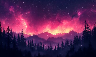 Wall Mural - Cosmic Violet and Pink Skies Above a Dark Forest, HD Phone Wallpaper