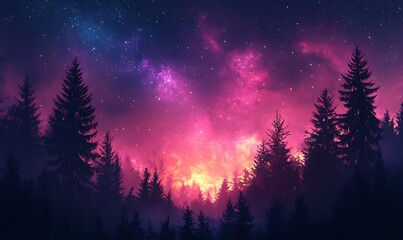 Wall Mural - Cosmic Violet and Pink Skies Above a Dark Forest, HD Phone Wallpaper