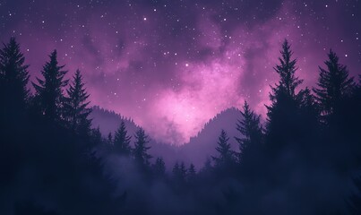 Wall Mural - Violet and Pink Star Field with Forest Silhouette, HD Phone Wallpaper Featuring AI Artistry