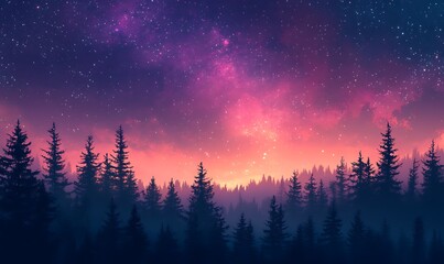 Wall Mural - Violet and Pink Star Field with Forest Silhouette, HD Phone Wallpaper Featuring AI Artistry
