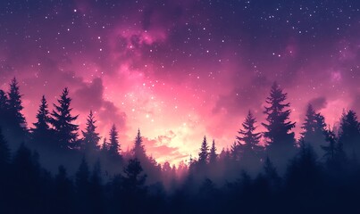 Wall Mural - Cosmic Violet and Pink Stars Over a Dark Forest Silhouette, HD Phone Wallpaper