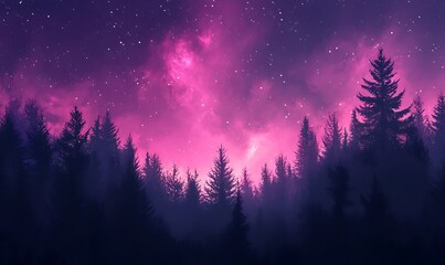 Wall Mural - Cosmic Violet and Pink Stars Over a Dark Forest Silhouette, HD Phone Wallpaper