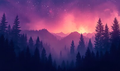 Wall Mural - Cosmic Violet and Pink Stars Over a Dark Forest Silhouette, HD Phone Wallpaper
