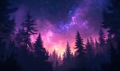 Wall Mural - Pink and Violet Starry Sky Over a Forest Silhouette, High-Definition Phone Wallpaper