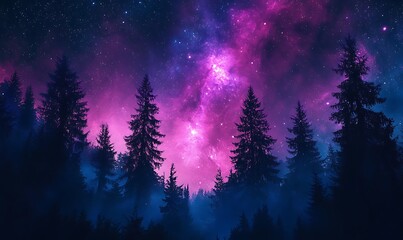 Wall Mural - Violet and Pink Starry Sky with Forest Silhouette Below, Stunning HD Phone Wallpaper Design