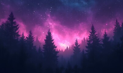 Wall Mural - Cosmic Violet and Pink Stars Spanning Across a Forest Silhouette