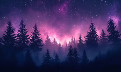 Wall Mural - Cosmic Violet and Pink Stars Spanning Across a Forest Silhouette