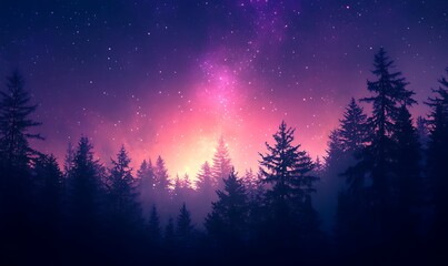 Wall Mural - Cosmic Violet and Pink Stars Spanning Across a Forest Silhouette