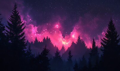 Wall Mural - Abstract Violet and Pink Starry Sky Over a Forest Silhouette, Perfect for HD Phone Wallpaper
