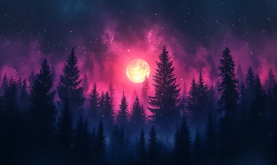Wall Mural - Vibrant Violet and Pink Starry Cosmos Above a Dark Silhouette Forest