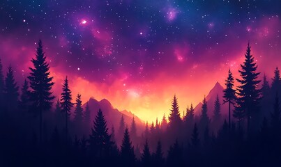 Wall Mural - Cosmic Violet and Pink Starry Sky Over Silhouette Forest Landscape, HD Phone Wallpaper