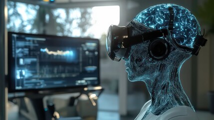 Aufkleber - Futuristic humanoid wearing VR headset, viewing data on screen.