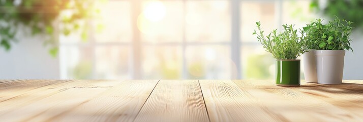 Poster - Empty wooden table showcasing potted herbs, basking in the warm glow of morning sunlight streaming through a bright window, creating a serene and inviting kitchen atmosphere