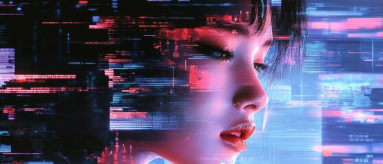 Poster - glitch typography and digital distortion create an abstract portrait of a woman amidst fragmented vi