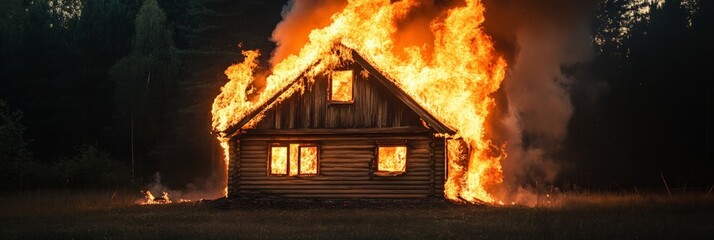 Poster - Large flames engulfing a wooden house in a rural area at night, casting an eerie glow and highlighting the dramatic scene of destruction and profound loss in the countryside