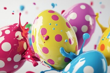 Aufkleber - 3D render of colorful Easter eggs with polka dots, splashes of paint in the air, white background, close-up.