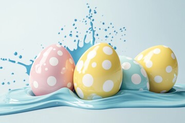 Aufkleber - 3D render of glossy Easter eggs with polka dots on a blue background and a water splash, an Easter concept with pastel colors, leaving space for text.