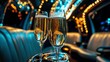 © thenort - Two champagne flutes filled with sparkling wine sit on a tray inside a limousine at night.