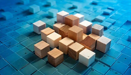 Poster - Abstract image of wooden blocks arranged on a teal background.  Ideal for concepts of strategy, growth, building, or technology.