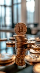 Poster - Cryptocurrency coins are stacked on a reflective surface, with a prominent bitcoin coin placed on top, symbolizing investment, digital finance, and the growing prominence of virtual currencies