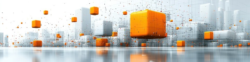 Poster - Abstract Cityscape with Orange Cubes Floating in Network