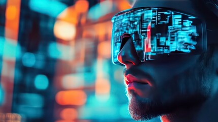 Poster - Man wearing futuristic glasses displaying digital data, neon city background.