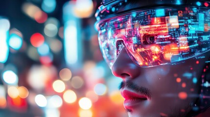 Aufkleber - Man wearing futuristic AR glasses in a city at night.