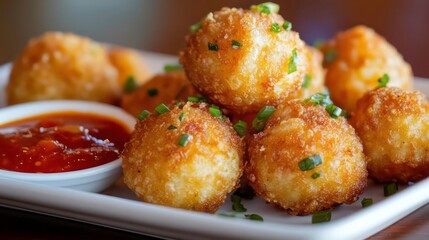 Poster - Crispy golden fried cheese balls with sweet chili sauce.