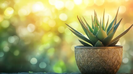 Aufkleber - Aloe vera plant in a pot, sunlit garden bokeh background.