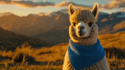 Wall Mural - Cute alpaca wearing a blue scarf in a mountain sunset. (1)