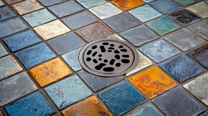 Poster - Close-up of a dark brown drain cover set in a mosaic of colorful square tiles.