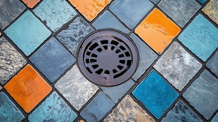 Poster - Close-up view of a dark metal drain cover set within a colorful diamond pattern tile floor.