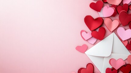 Poster - Many red and pink paper hearts surrounding a white envelope on a pink background expressing love and affection for valentine's day or other romantic occasions
