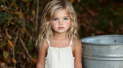 Wall Mural - A young blonde girl is standing in front of a bucket. She is wearing a white dress and has blue eyes. The scene is set in a forest, with trees and leaves surrounding her