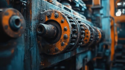 Poster - Close-up of rusty industrial machinery gears and shafts.