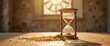 © Yury - Hourglass symbolizing the passage of time with sand spilling from its base, evoking a contemplative mood, set against a softly lit background featuring a vintage clock