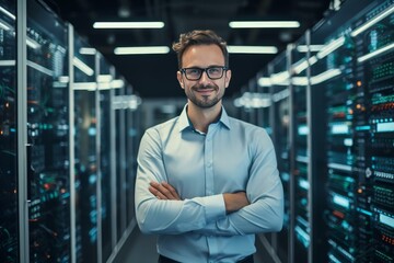 Poster - Confident it engineer smiling with crossed arms in a modern data center corridor, showcasing expertise and professionalism