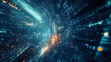 Poster - Abstract Digital Tunnel Futuristic Technology Background Blue Orange Glowing Lines Data Stream Network Space Cyberspace Internet Digital Art