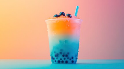 Poster - Colorful layered boba tea in plastic cup with ice and blueberries.