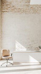 Aufkleber - Sunlight streaming through a window brightens a modern minimalist office with a white desk, beige ergonomic chair, and textured brick wall, creating an inviting workspace