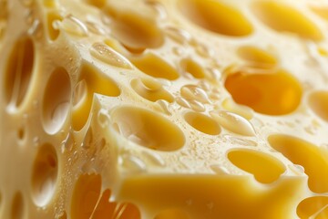 Poster - Macro photography highlights the texture and water droplets on a piece of swiss cheese