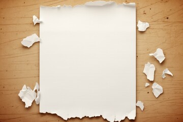 Poster - White sheet of paper with torn edges and crumpled pieces on a wooden table creates a textured and artistic backdrop