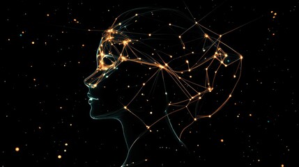 Aufkleber - Abstract profile of a woman's head with glowing lines and dots, resembling neural connections against a dark starry background.