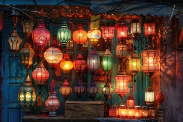 A streetside shop selling traditional lanterns before Diwali festival in India.