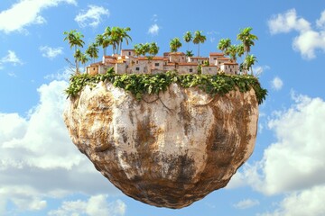 Wall Mural - A village nestled atop a floating rock, surrounded by lush vegetation and a clear sky. AI.